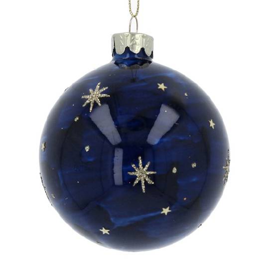 INDENT - Pack 24, Glass Ball Marble Blue, Gold Glitter Stars 8cm
